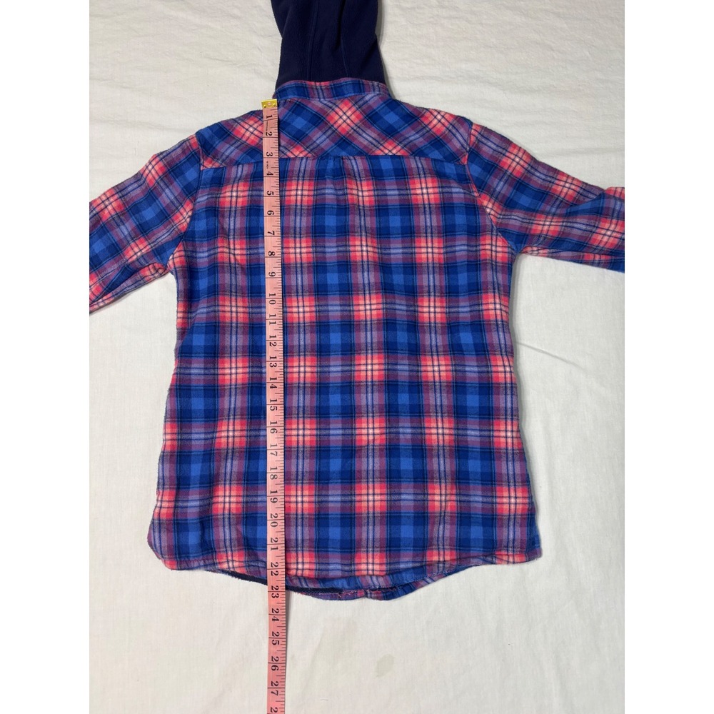LL Bean Girls Blue Pink Plaid Flannel Fleece Lined Hooded Shirt M 10-12 - Picture 4 of 6